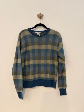 Geoffrey Beene Blue & Olive Plaid Crewneck Sweater